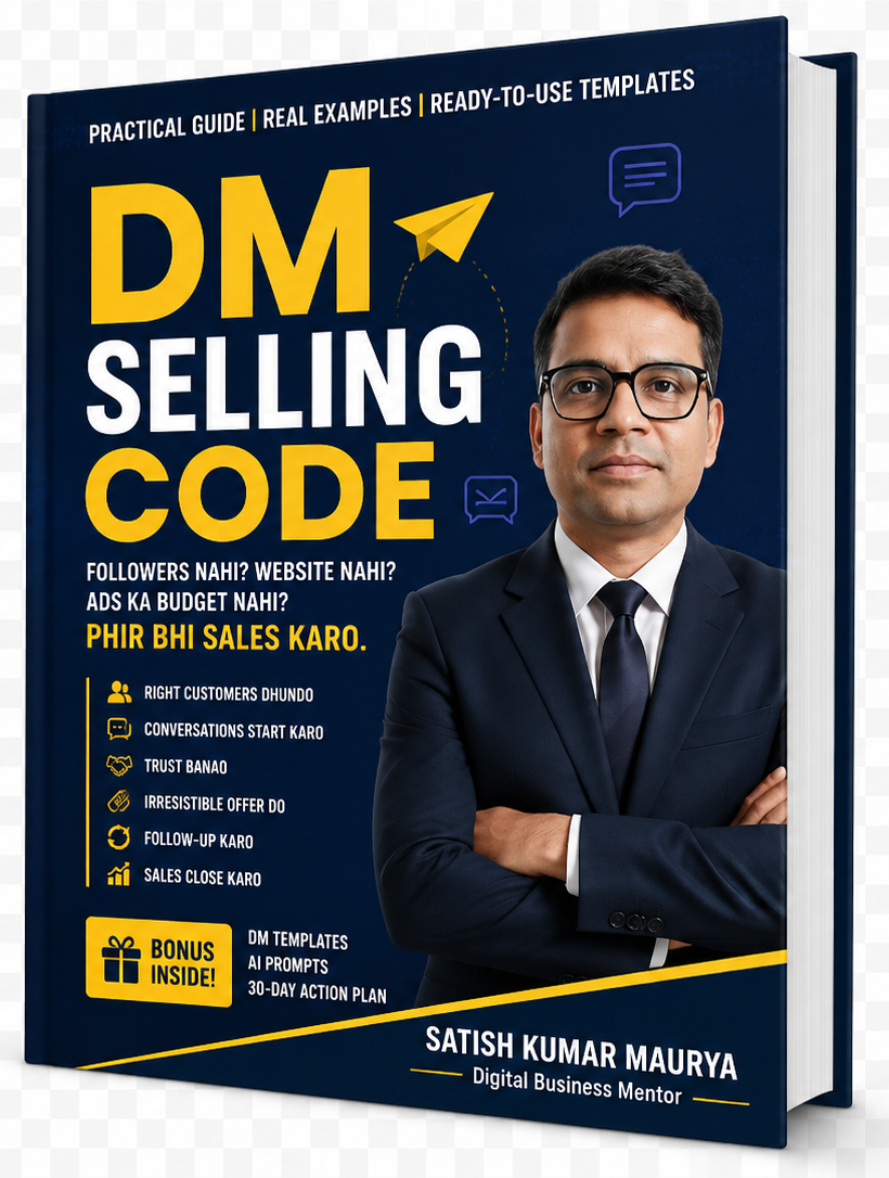 DM Selling Code eBook cover — Followers Nahi? Website Nahi? Ads Ka Budget Nahi? Phir Bhi Sales Karo.